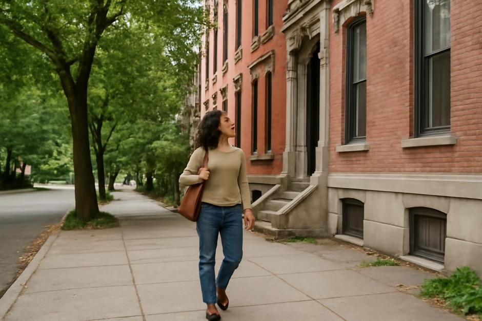 Person walking a quiet street, looking at building details and trees